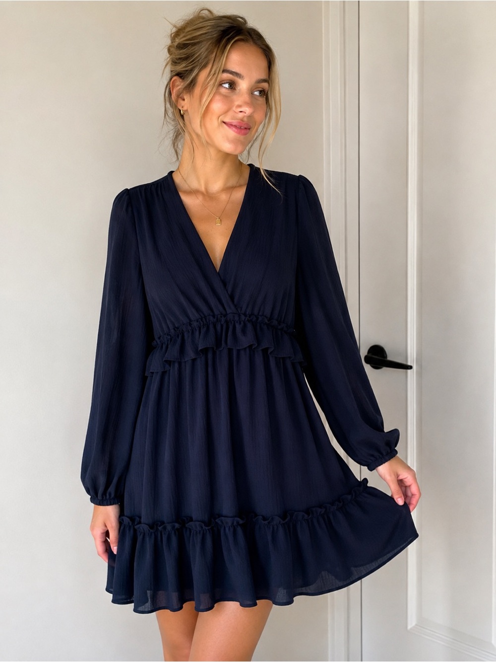 Max Studio Navy Ruffle-Trim Long Sleeve Dress